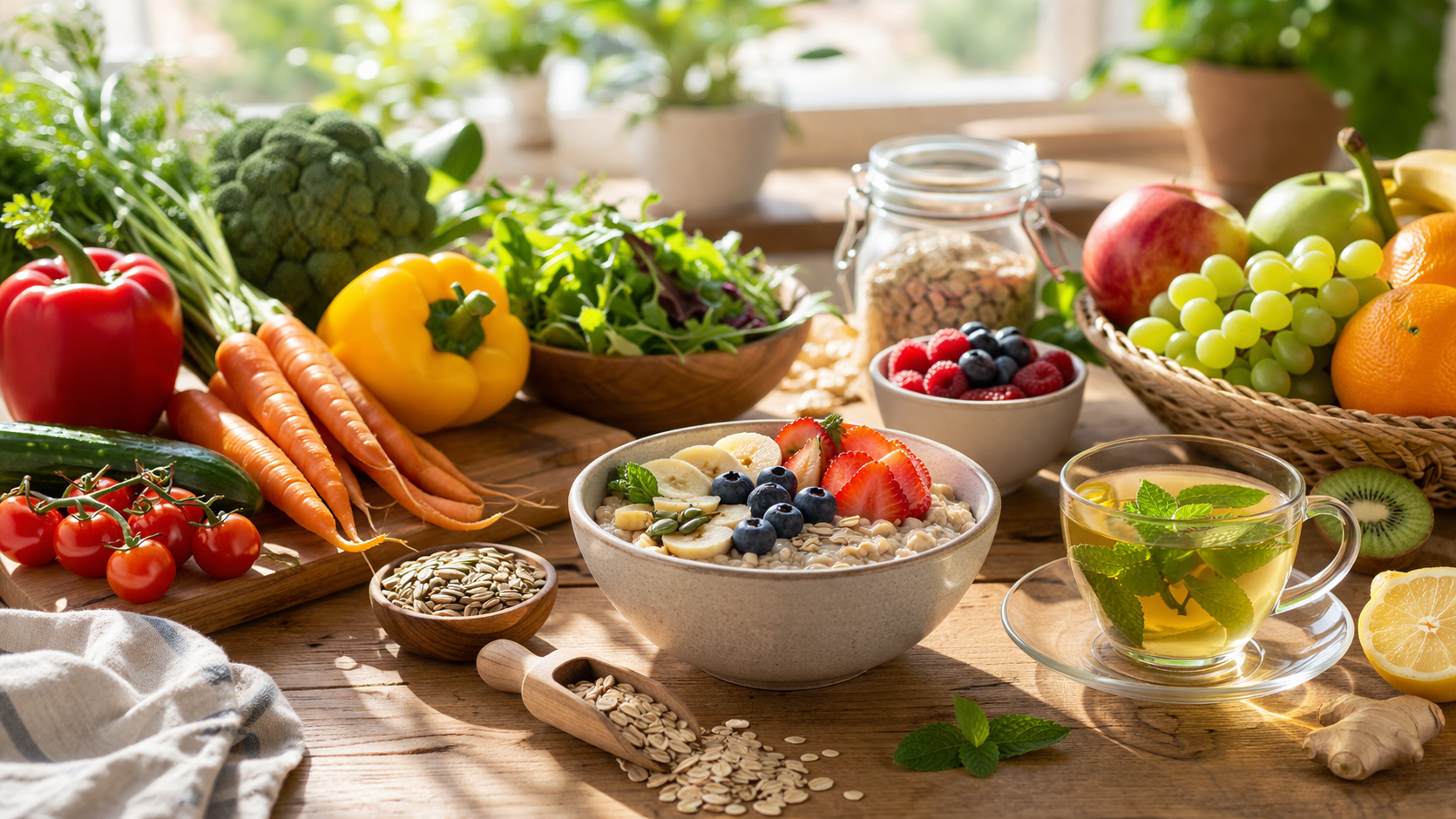 bright morning scene with fresh colorful fruits vegetables whole grains and herbal tea on wooden table, natural light, healthy lifestyle concept