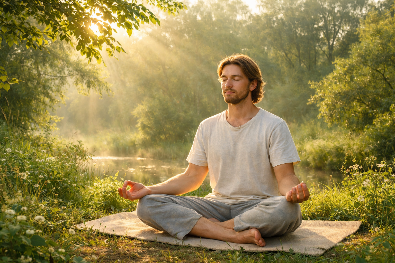peaceful person meditating outdoors in nature, surrounded by greenery, morning sunlight, calm atmosphere, wellness and mindfulness concept